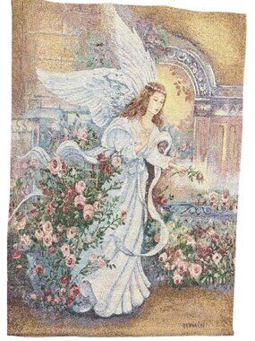 Angel Love Tapestry Wall Hanging Lena Liu Floral Design Wood Rod Top Bottom USA